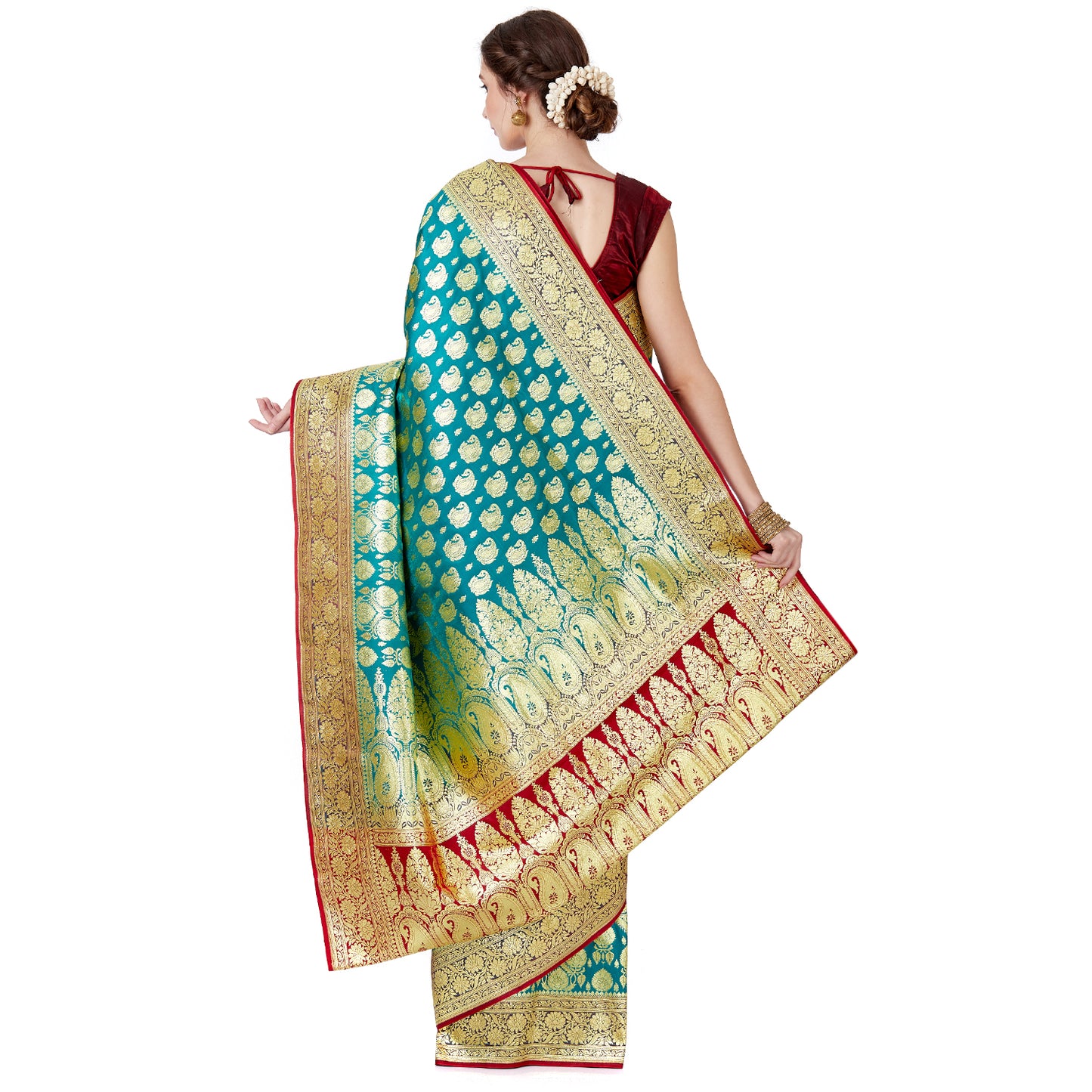 Faishana Presents Green Satin Silk Zari Boota Banarasi Saree with Contrast Maroon Pallu and Maroon Blouse Piece