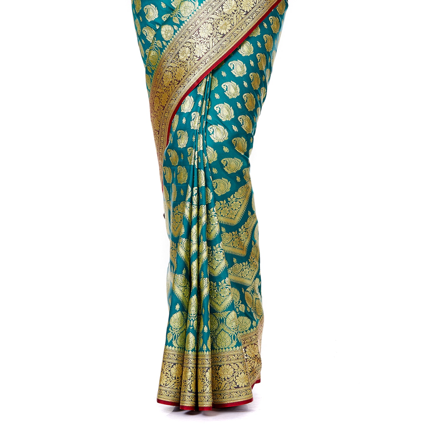 Faishana Presents Green Satin Silk Zari Boota Banarasi Saree with Contrast Maroon Pallu and Maroon Blouse Piece