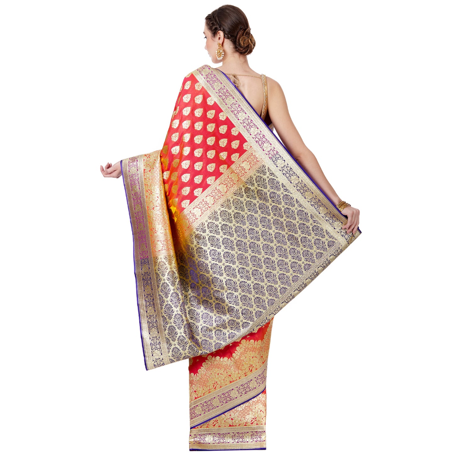 Faishana Presents Red Satin Silk Gold Zari Booti Saree Skirt Floral Zari Border with Contrast Blue Boota Pallu and Blue Blouse Piece