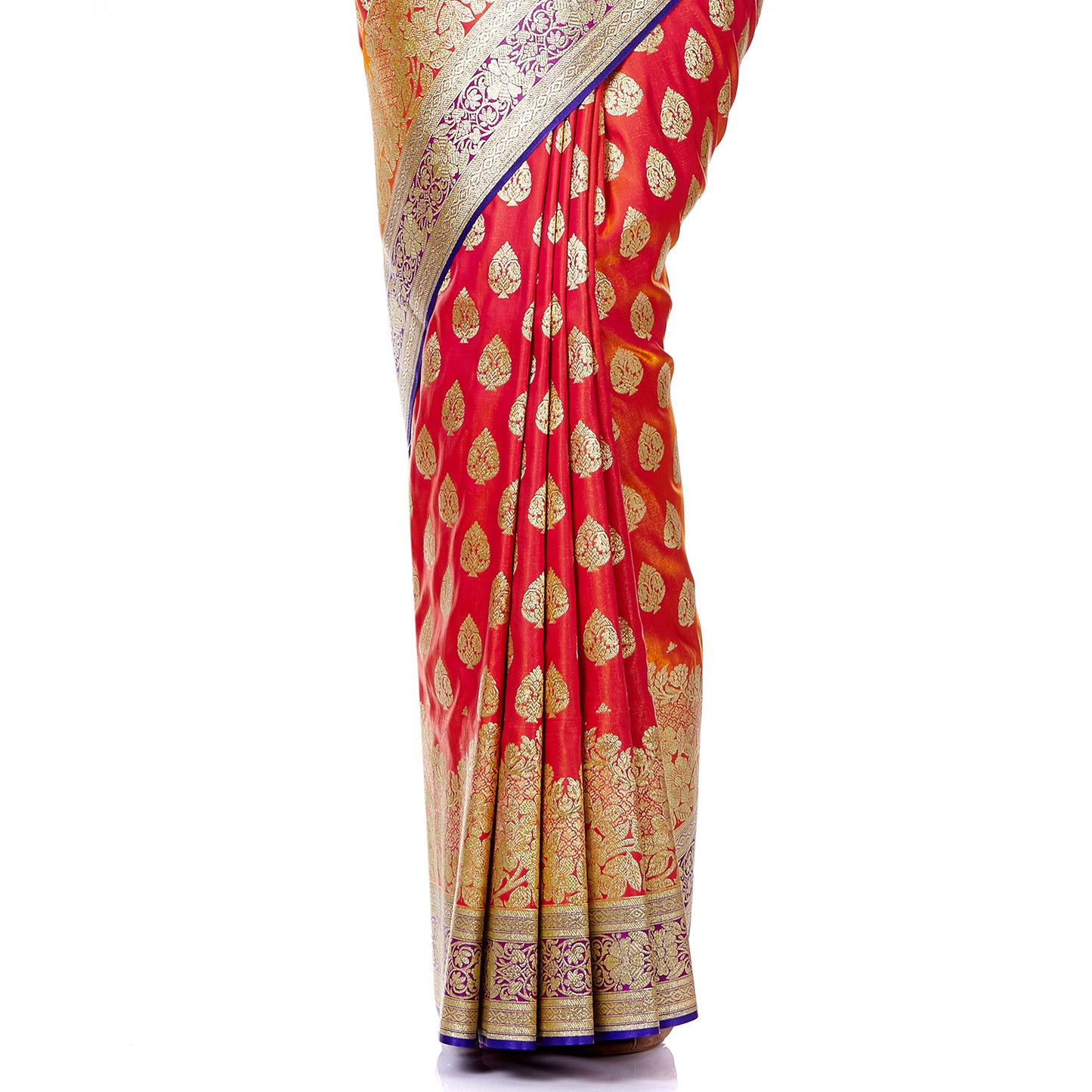 Faishana Presents Red Satin Silk Gold Zari Booti Saree Skirt Floral Zari Border with Contrast Blue Boota Pallu and Blue Blouse Piece