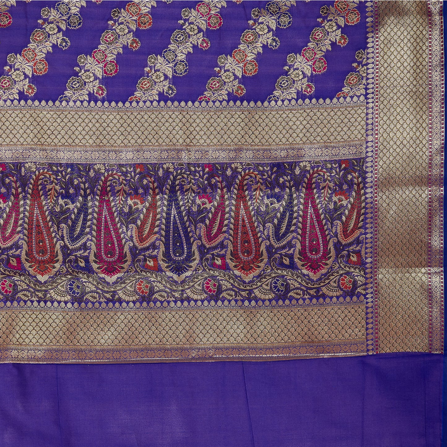 Faishana Presents Purple Satin Silk Floral Minakari Zari Stripe Saree with Paisley Minakari Pallu and Purple Blouse Piece