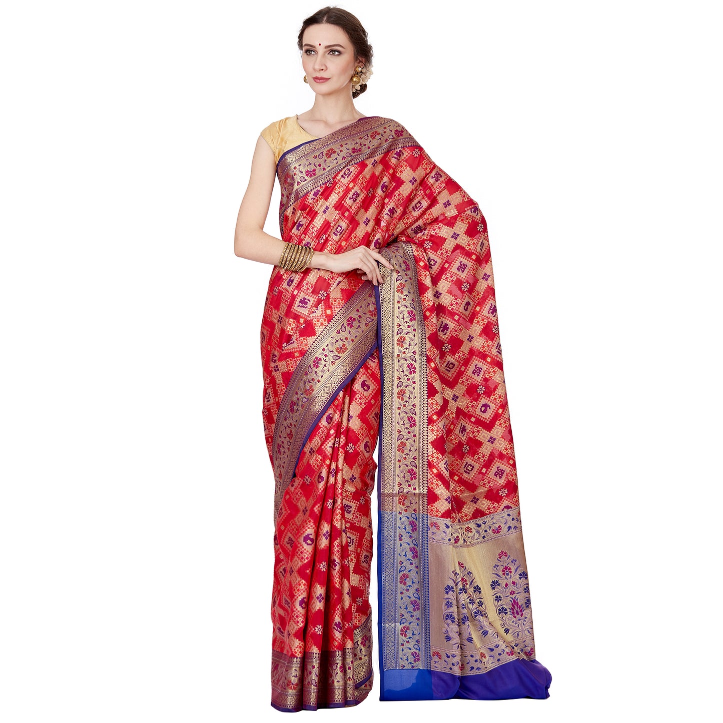 Faishana Presents Red Satin Silk Zig-Zag Zari Stripe Minakari Saree with Contrast Blue Paithani Pallu And Blue Blouse Piece