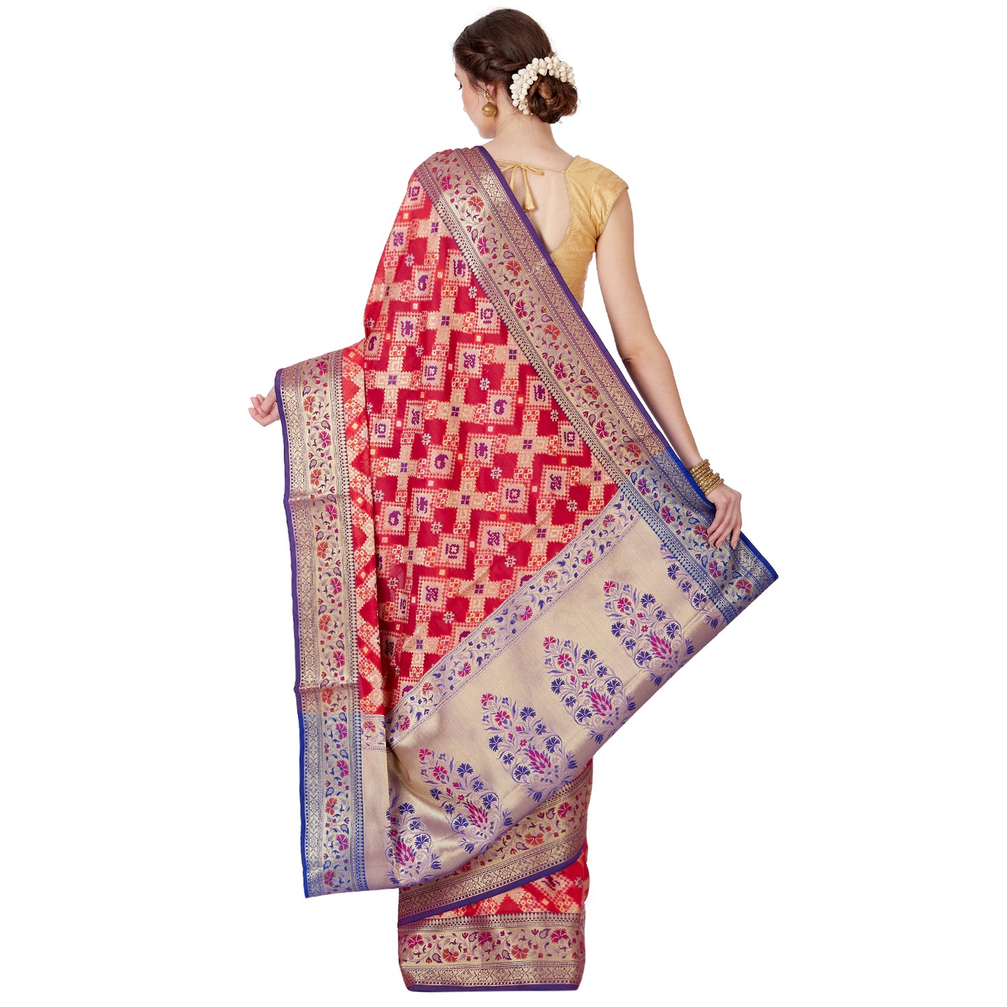 Faishana Presents Red Satin Silk Zig-Zag Zari Stripe Minakari Saree with Contrast Blue Paithani Pallu And Blue Blouse Piece