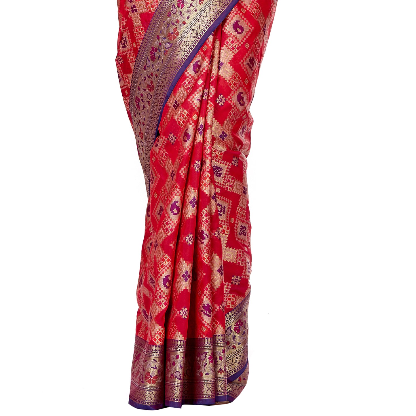 Faishana Presents Red Satin Silk Zig-Zag Zari Stripe Minakari Saree with Contrast Blue Paithani Pallu And Blue Blouse Piece