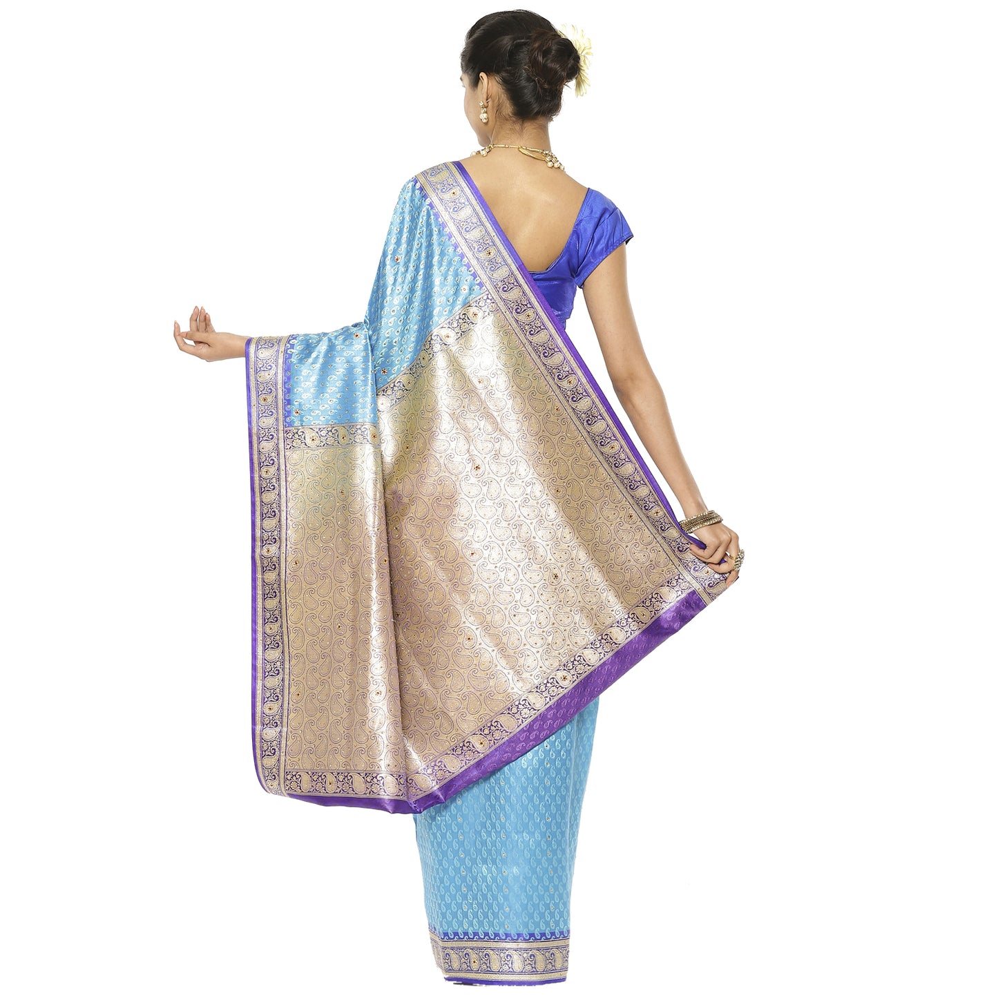 Faishana Presents Blue Satin Silk Floral Zari Booti Stone work with Skirt Banarasi Border Saree and Blue Blouse
