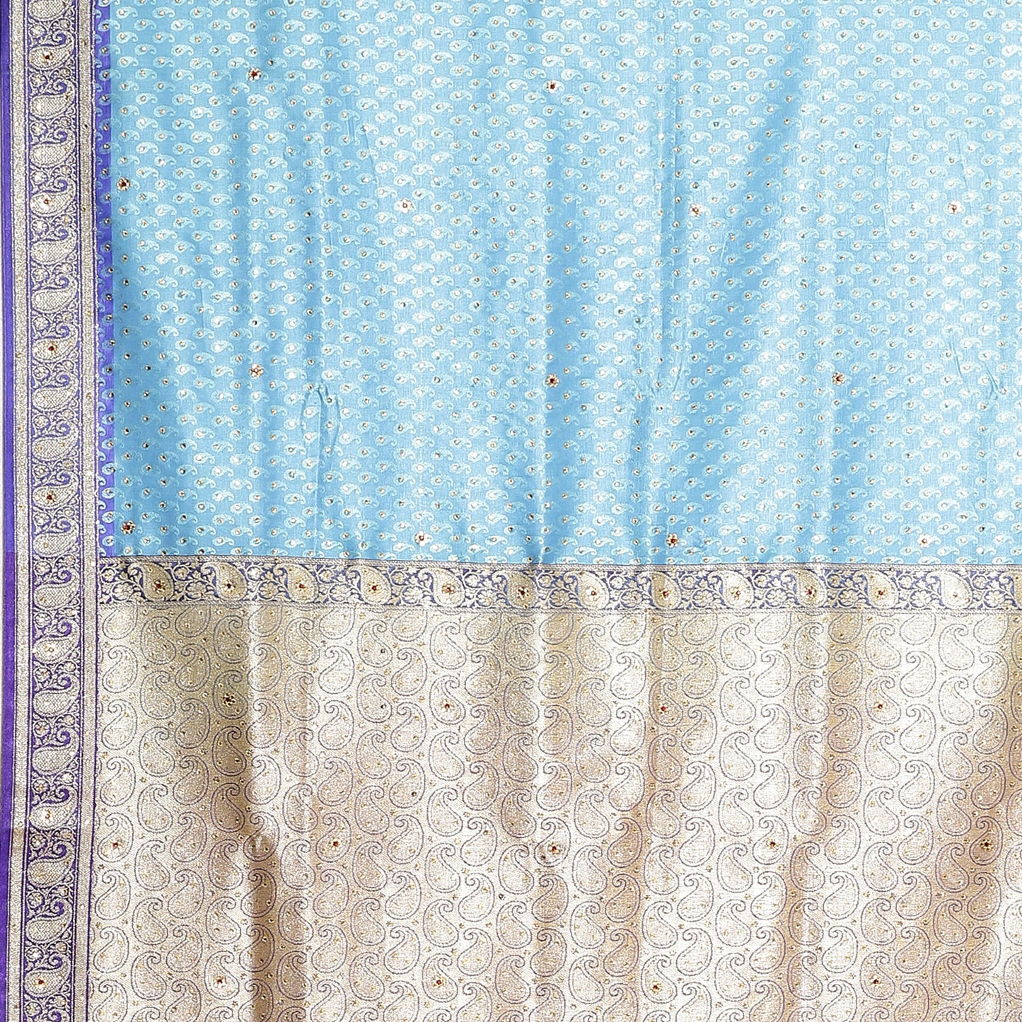 Faishana Presents Blue Satin Silk Floral Zari Booti Stone work with Skirt Banarasi Border Saree and Blue Blouse