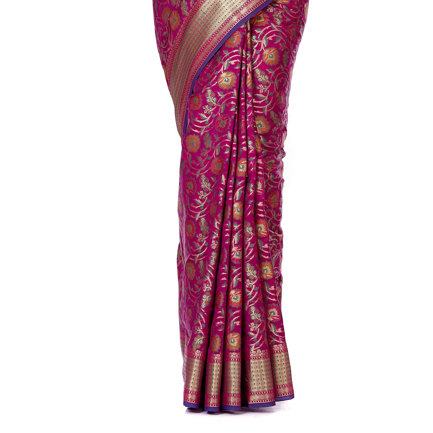 Faishana Presents Magenta Satin Silk Floral Minakari Zari Jaal Banarasi Saree with Paithani Pallu and Magenta Blouse Piece