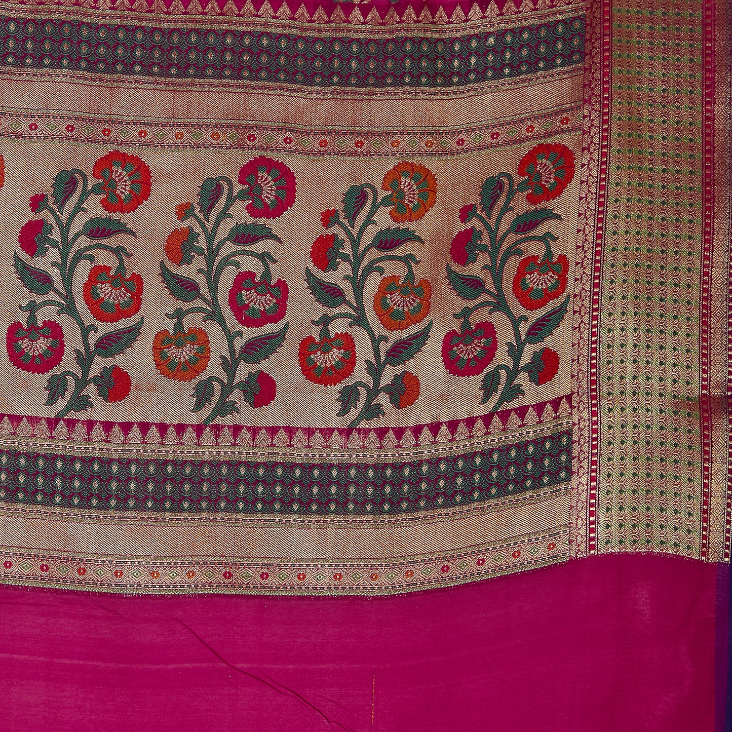 Faishana Presents Magenta Satin Silk Floral Minakari Zari Jaal Banarasi Saree with Paithani Pallu and Magenta Blouse Piece