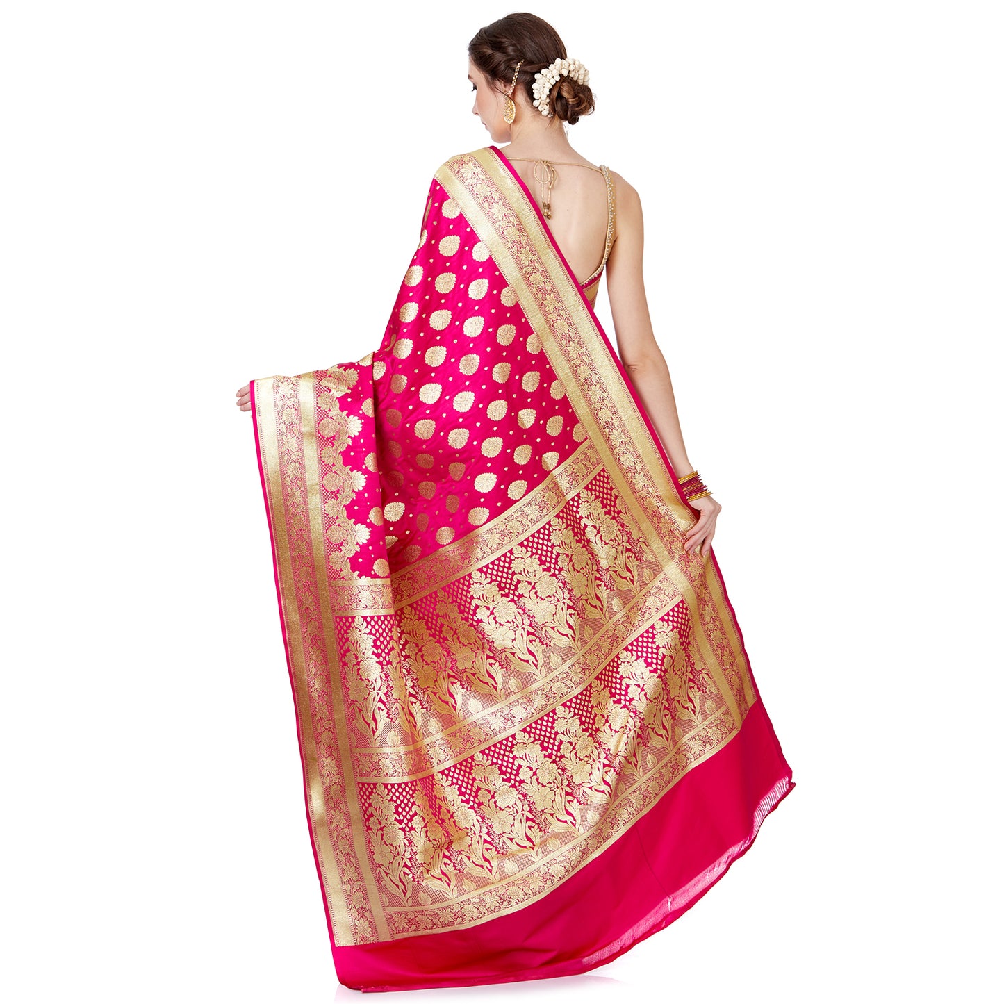 Faishana Presents Pink Satin Silk Floral Zari Chunri Booti Saree with Pink Floral Boota Pallu and Pink Blouse Piece