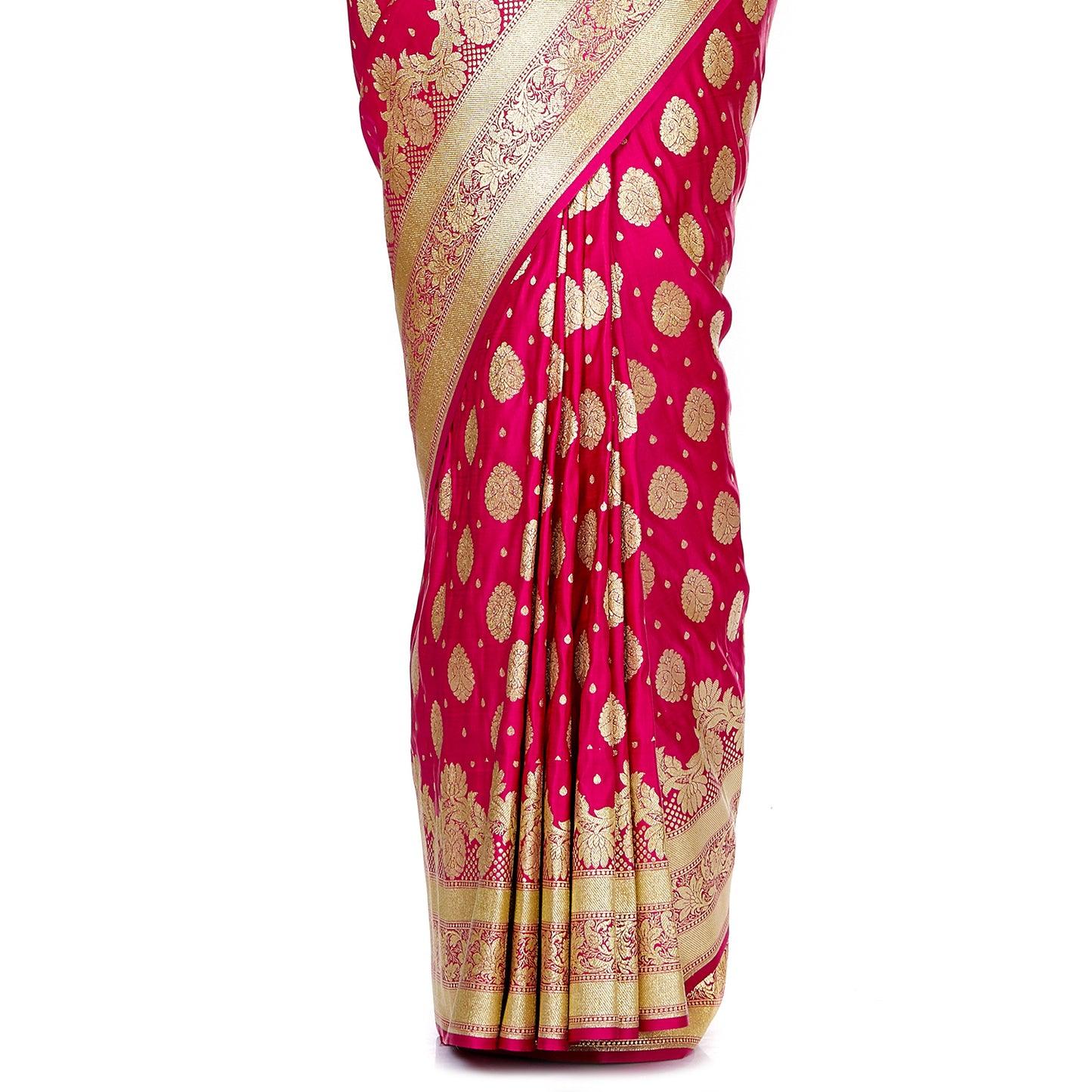 Faishana Presents Pink Satin Silk Floral Zari Chunri Booti Saree with Pink Floral Boota Pallu and Pink Blouse Piece