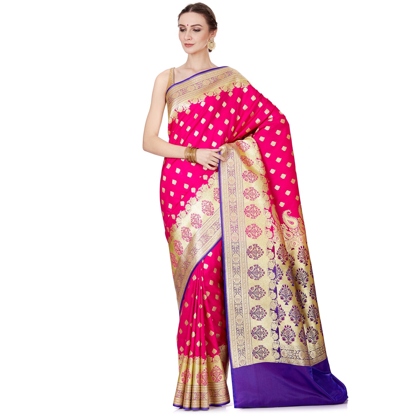 Faishana Presents Pink Satin Silk Floral Zari Booti Banarasi Skirt Border Saree with Contrast Blue Blouse Piece