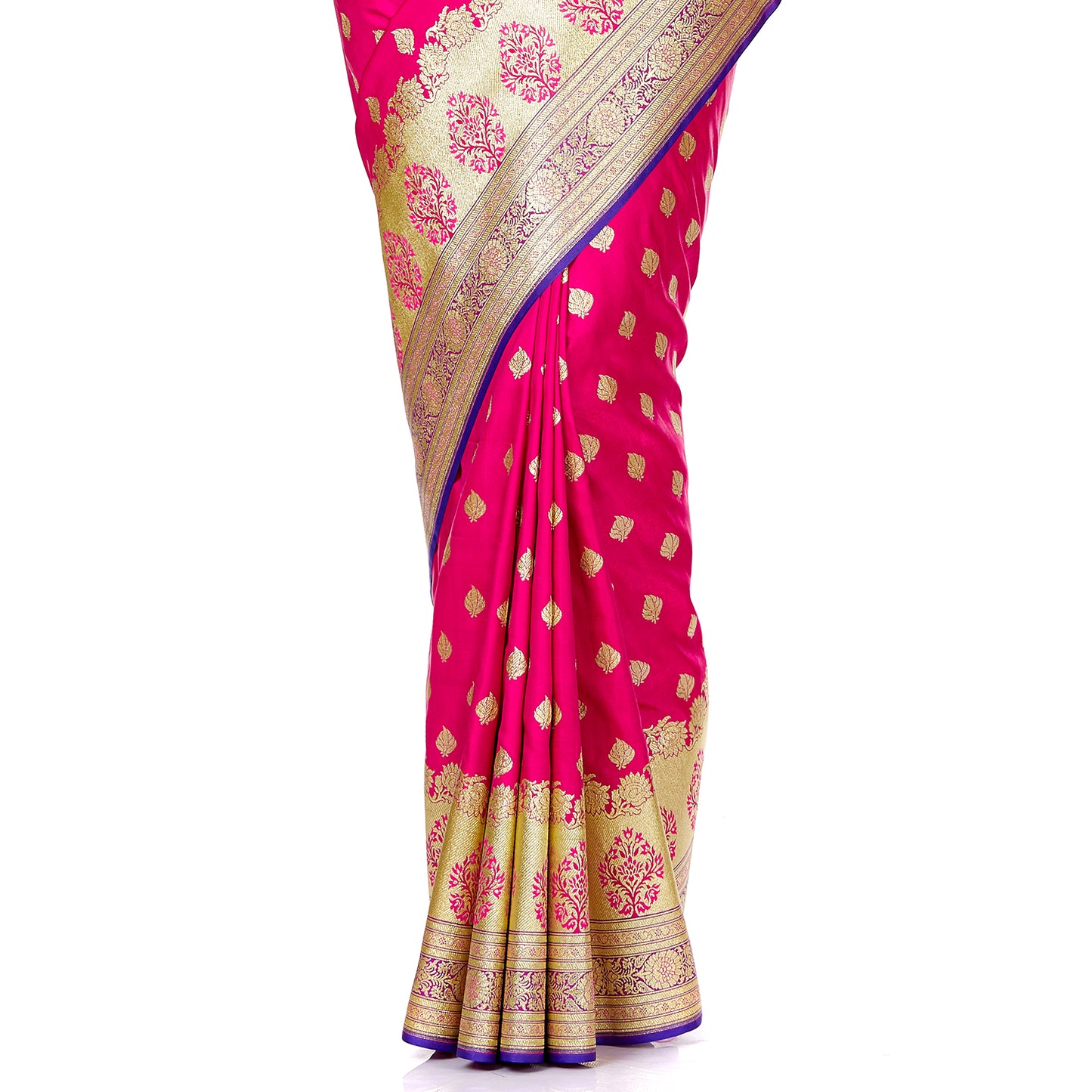Faishana Presents Pink Satin Silk Floral Zari Booti Banarasi Skirt Border Saree with Contrast Blue Blouse Piece