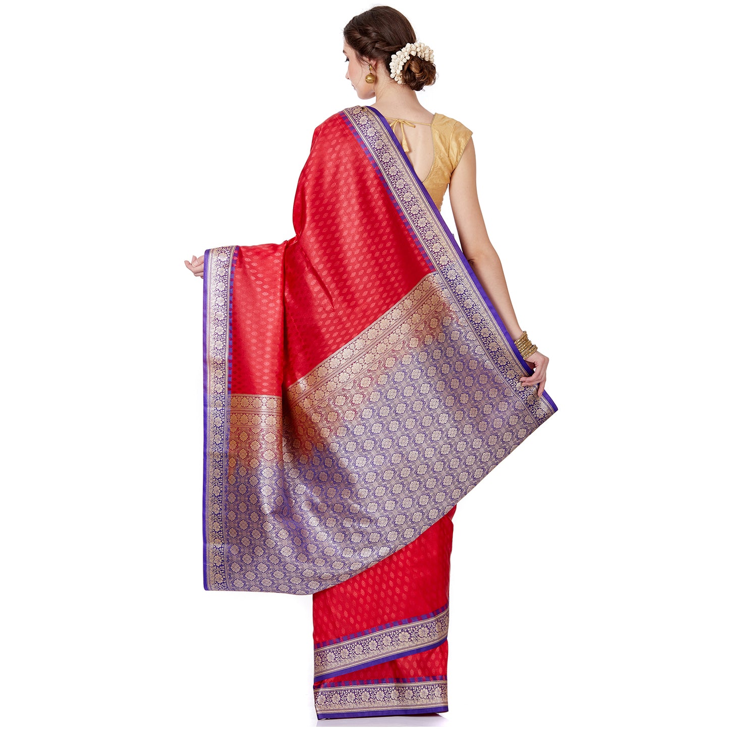 Faishana Presents Red Satin Silk Floral Booti Saree with Contrast Paisley Pallu and Violet Blouse Piece
