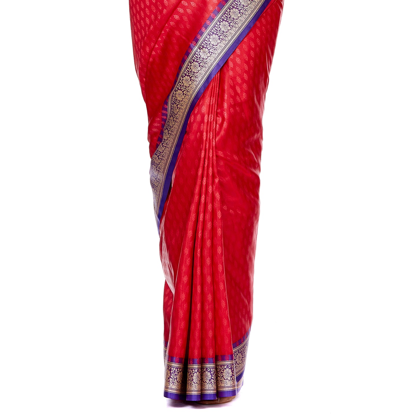 Faishana Presents Red Satin Silk Floral Booti Saree with Contrast Paisley Pallu and Violet Blouse Piece