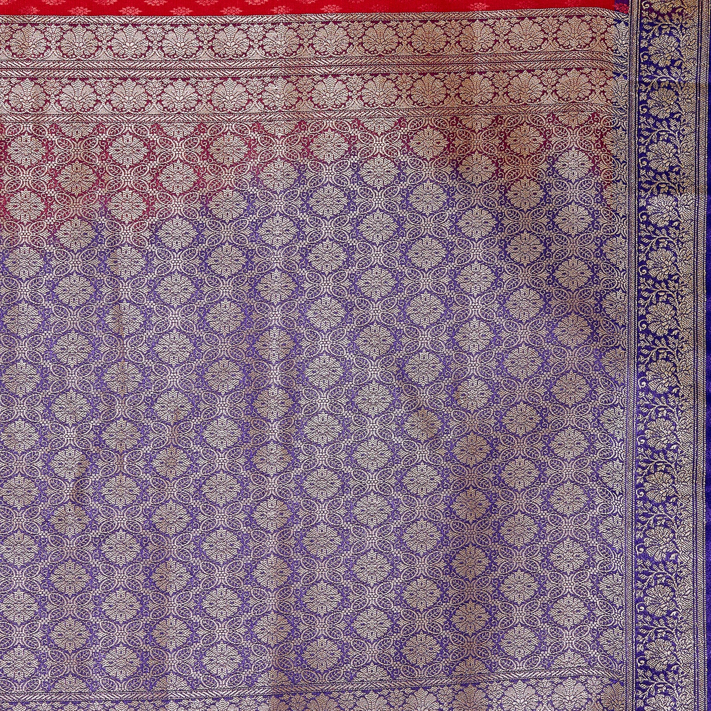 Faishana Presents Red Satin Silk Floral Booti Saree with Contrast Paisley Pallu and Violet Blouse Piece