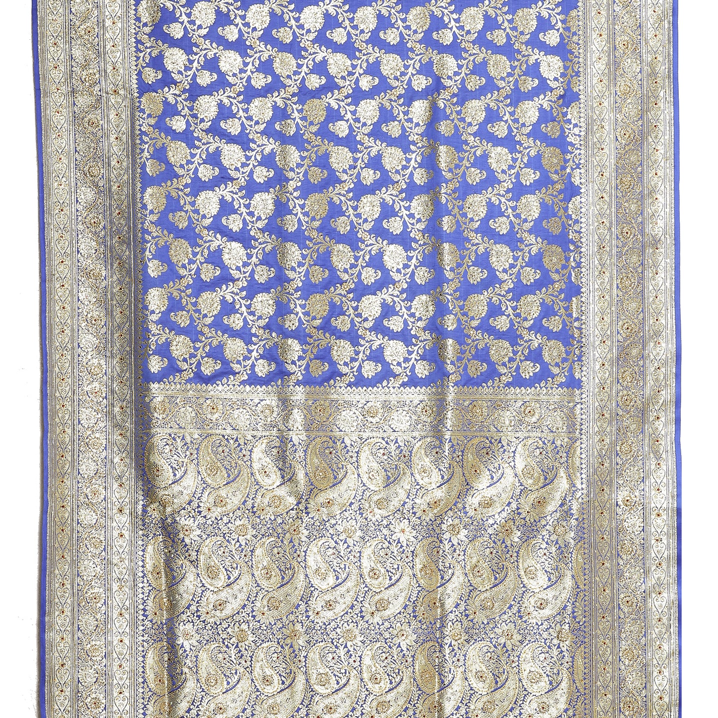 Faishana Presents Blue Katan Silk Floral Zari Jaal Stone work with Heavy Skirt Zari Border Banarasi Saree