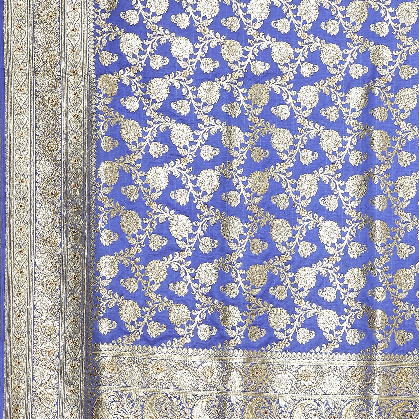 Faishana Presents Blue Katan Silk Floral Zari Jaal Stone work with Heavy Skirt Zari Border Banarasi Saree
