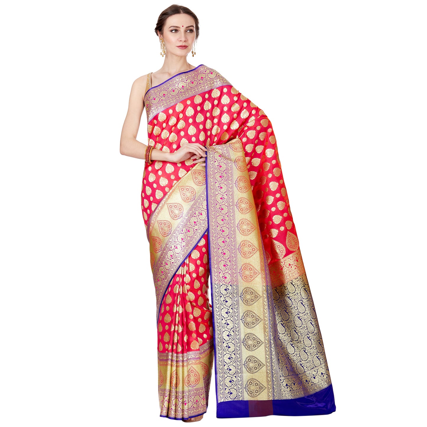 Faishana Presents Pink Satin Silk Floral Zari Boota Saree with Contarst Blue Paisley Pallu and Blue Blouse Piece