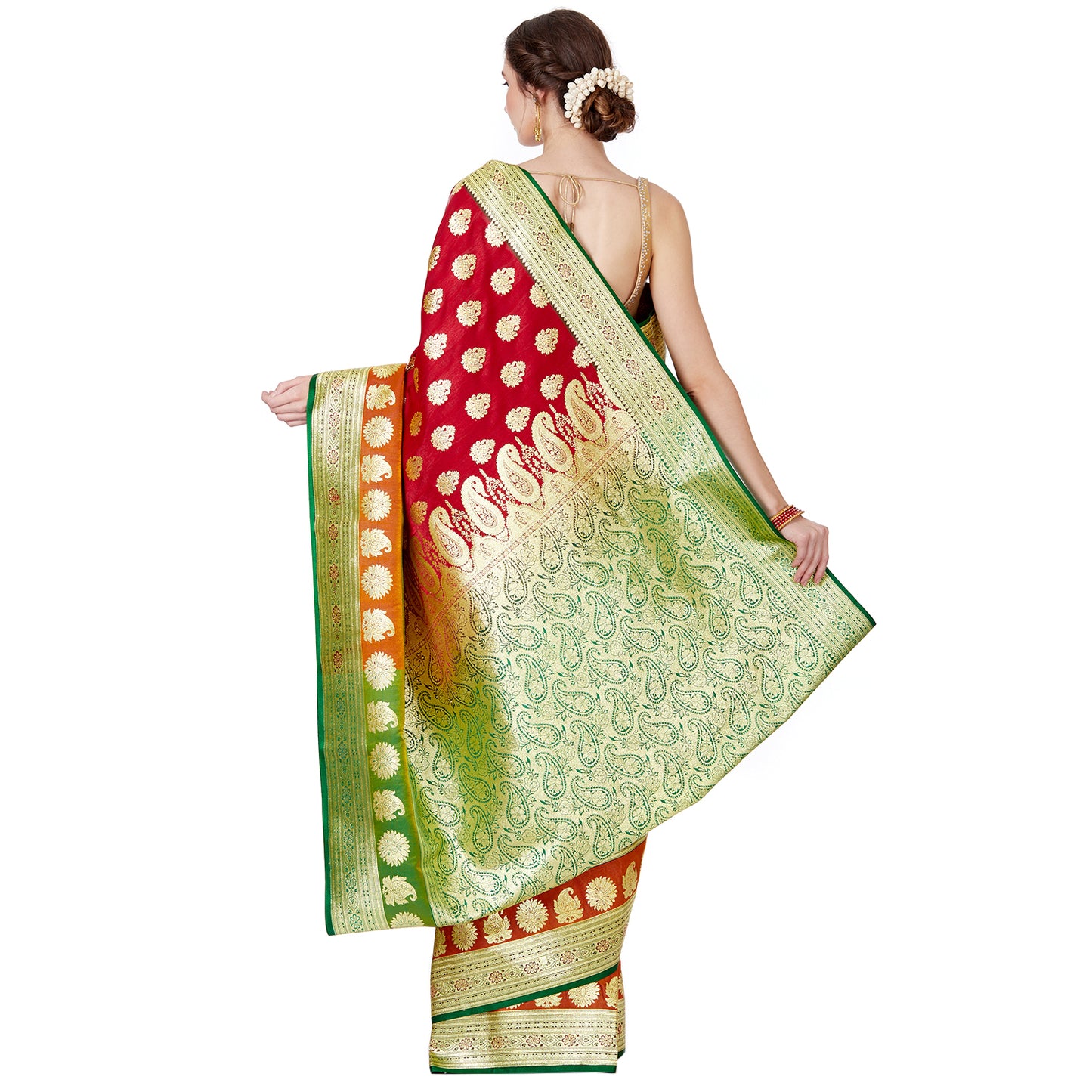 Faishana Presents Maroon Satin Silk Zari Booti Banarasi Saree with Contrast Green Paisley Pallu and Green Blouse Piece