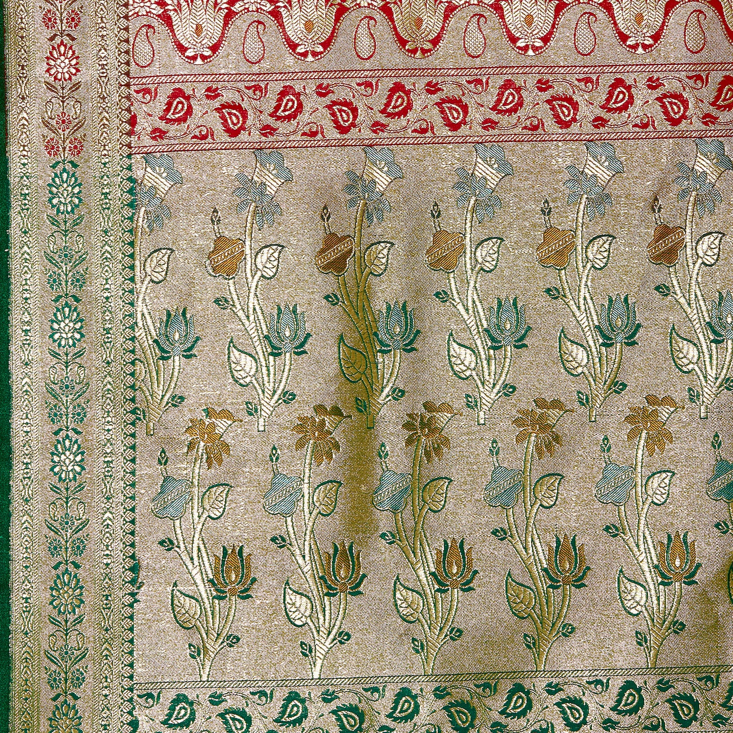 Faishana Presents Red Satin Silk Chunri Zari Booti Banarasi Saree with Contrast Green Floral Jaal and Green Blouse Piece