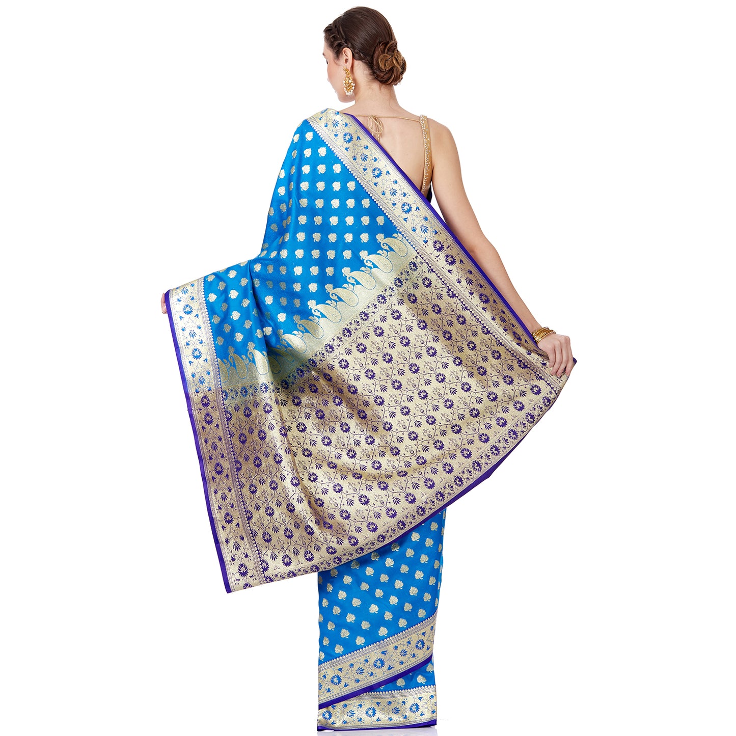 Faishana Presents Blue Satin Silk Floral Zari Booti Saree with Contrast Blue Jaal Pallu and Blue Blouse Piece