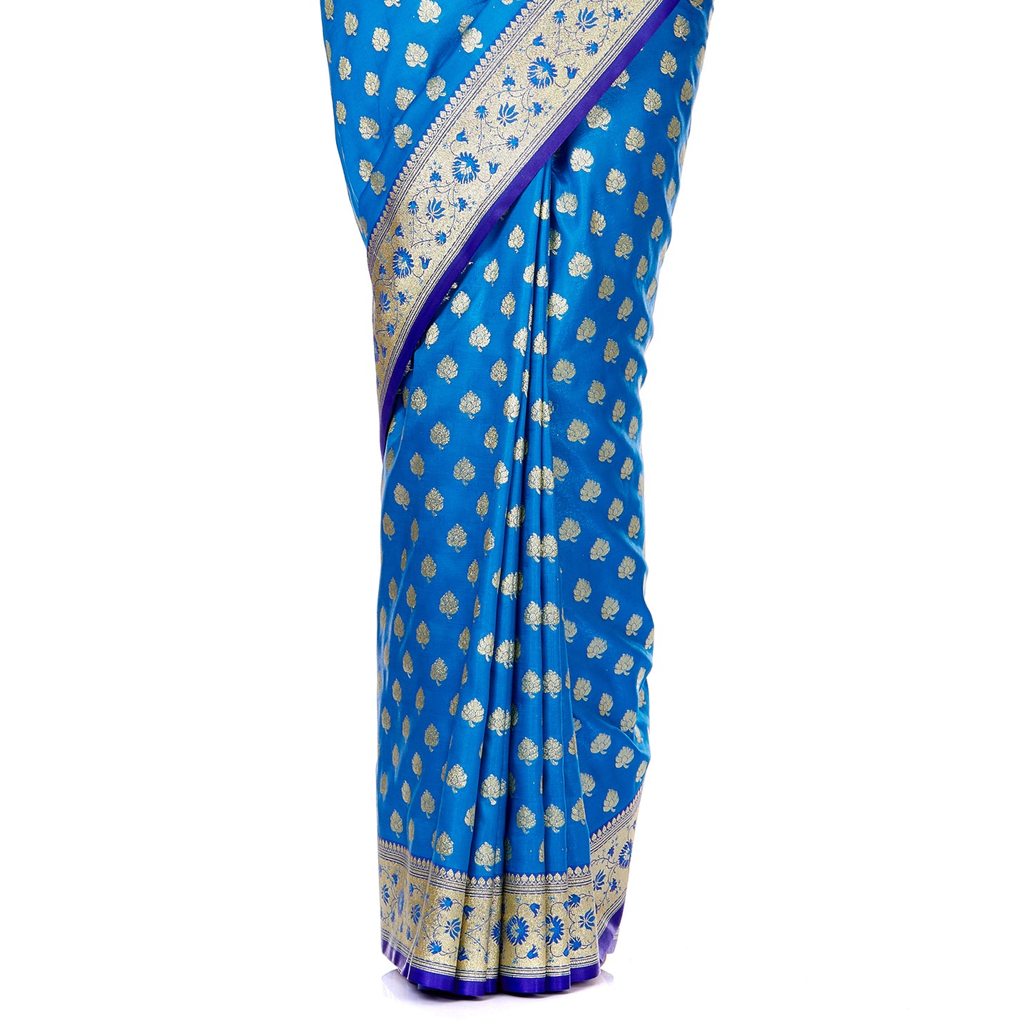 Faishana Presents Blue Satin Silk Floral Zari Booti Saree with Contrast Blue Jaal Pallu and Blue Blouse Piece