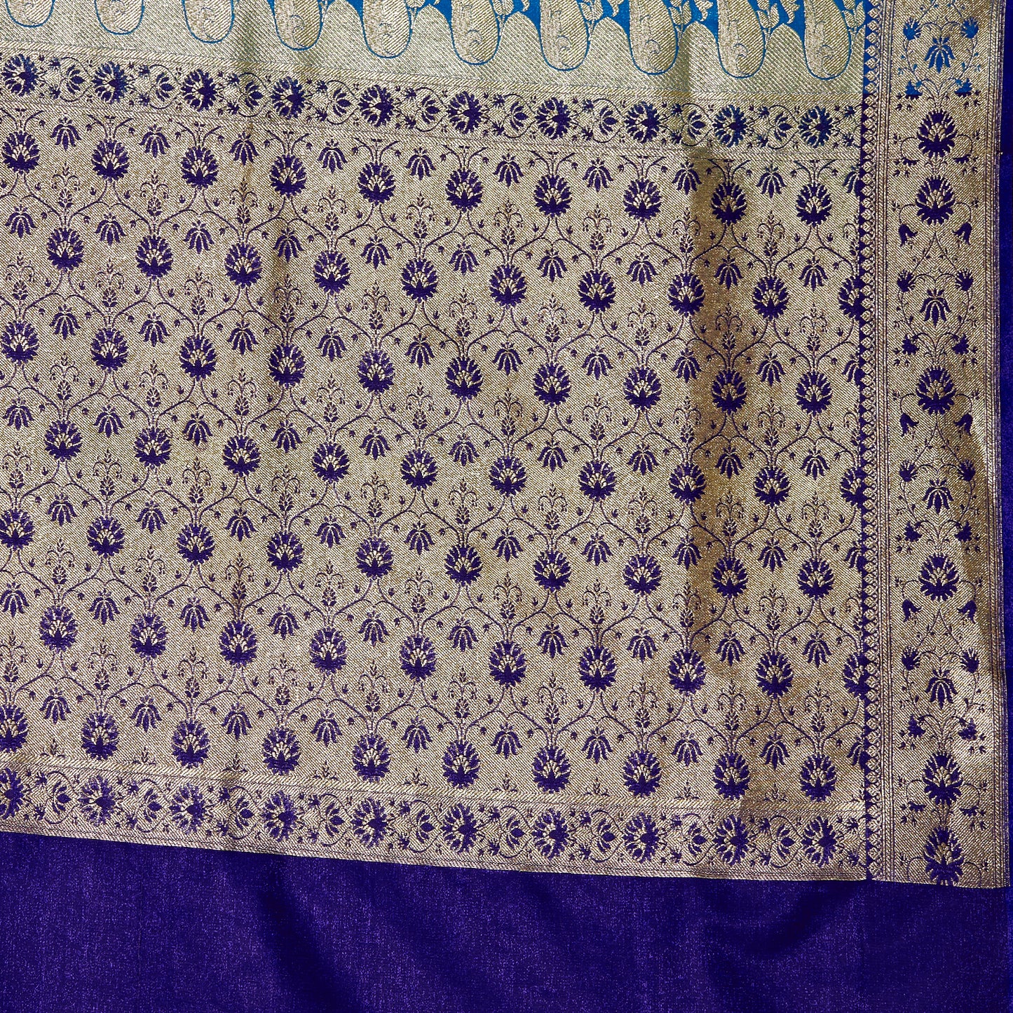 Faishana Presents Blue Satin Silk Floral Zari Booti Saree with Contrast Blue Jaal Pallu and Blue Blouse Piece