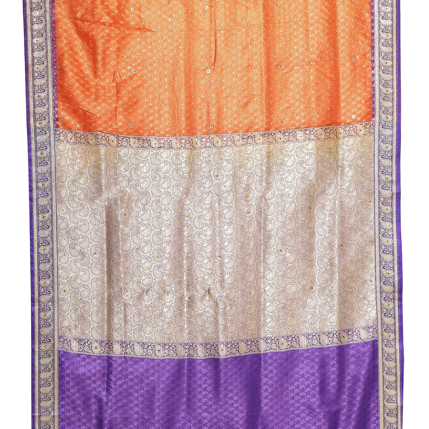 Faishana Presents Orange Tanchoi Stone With Blue Border Art Silk Banarasi Saree With Blouse Piece