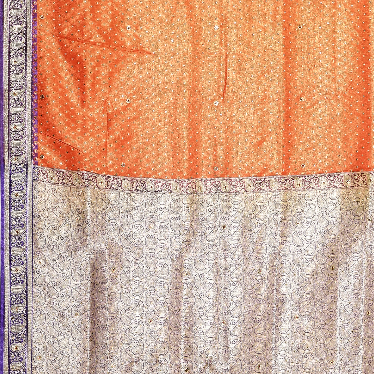 Faishana Presents Orange Tanchoi Stone With Blue Border Art Silk Banarasi Saree With Blouse Piece