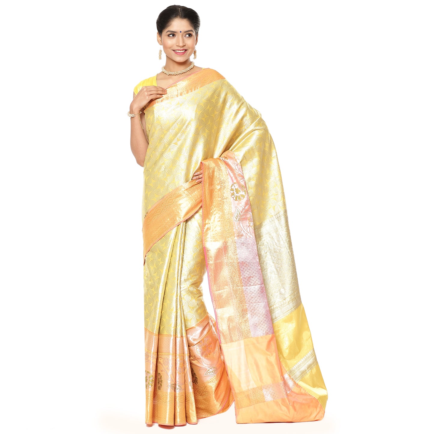 Faishana Presents Light Gold Kanchi Silk Jamdani Tissue Paithani Banarasi Saree With Light Gold Blouse Piece
