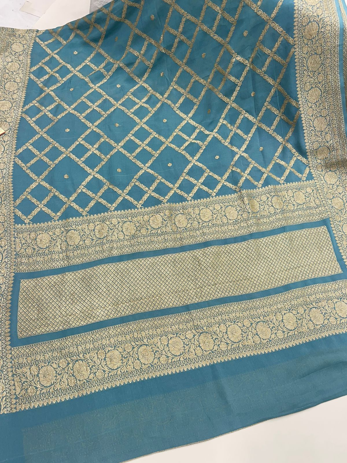 Faishana's Timeless Elegance Pure Silk Handloom Grey Khaddi Georgette Jangla Kadhwa Jaal with Banarasi Kadhwa Border Saree