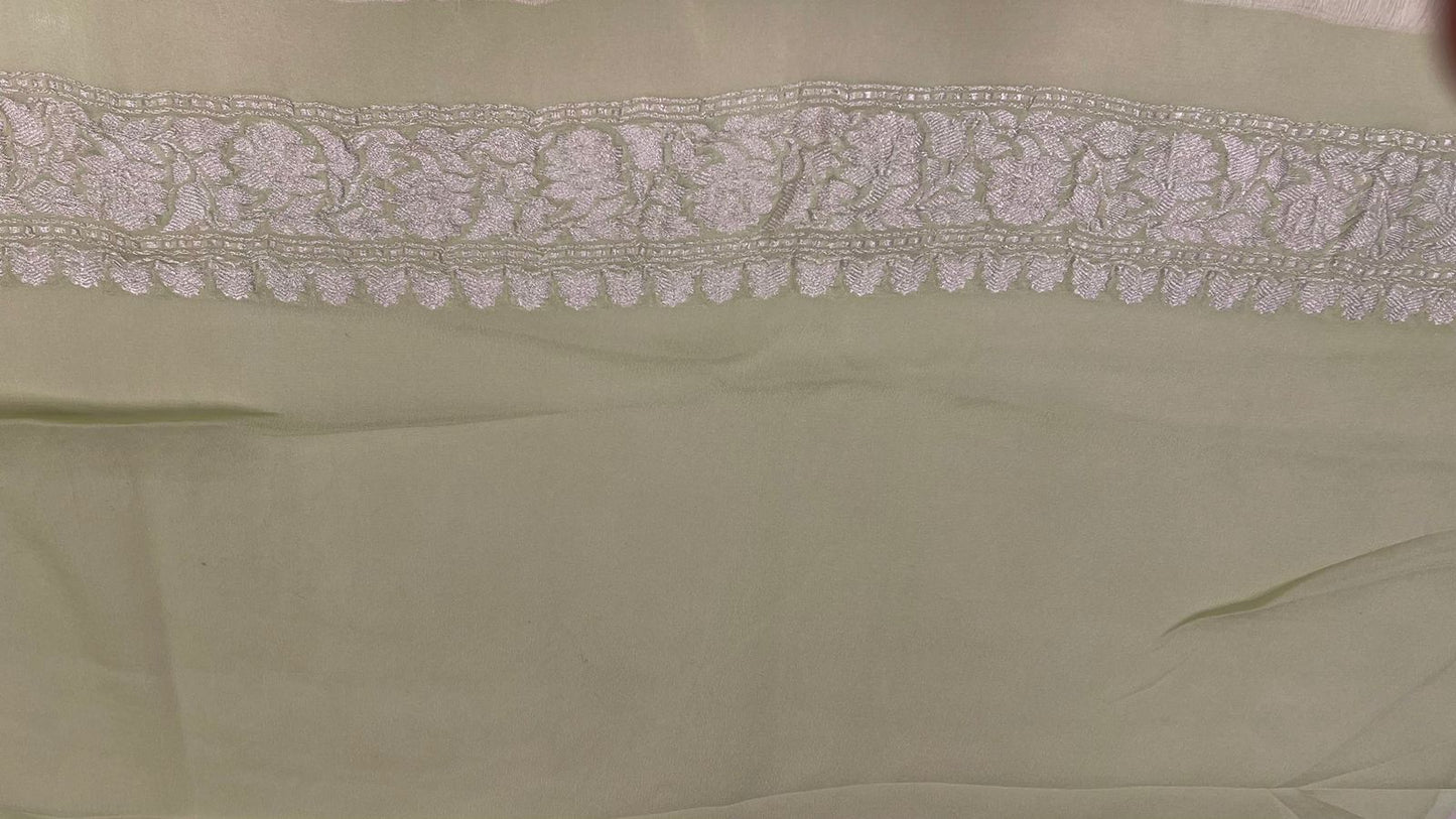 Faishana Pure Silk Handloom Light Green Khaddi Georgette Kadhwa Meena Silver Booti Saree with Banarasi Silver Zari Border Saree
