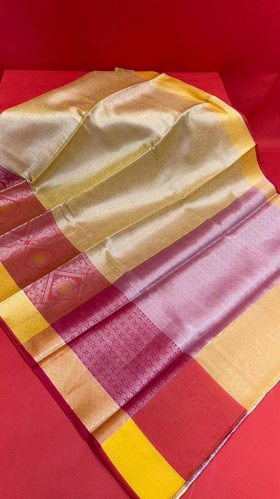 Faishana Presents Gold Silver Zari Kanchi Silk Tanchoi Brocade Contrast Red Skirt Meena Border Banarasi Saree