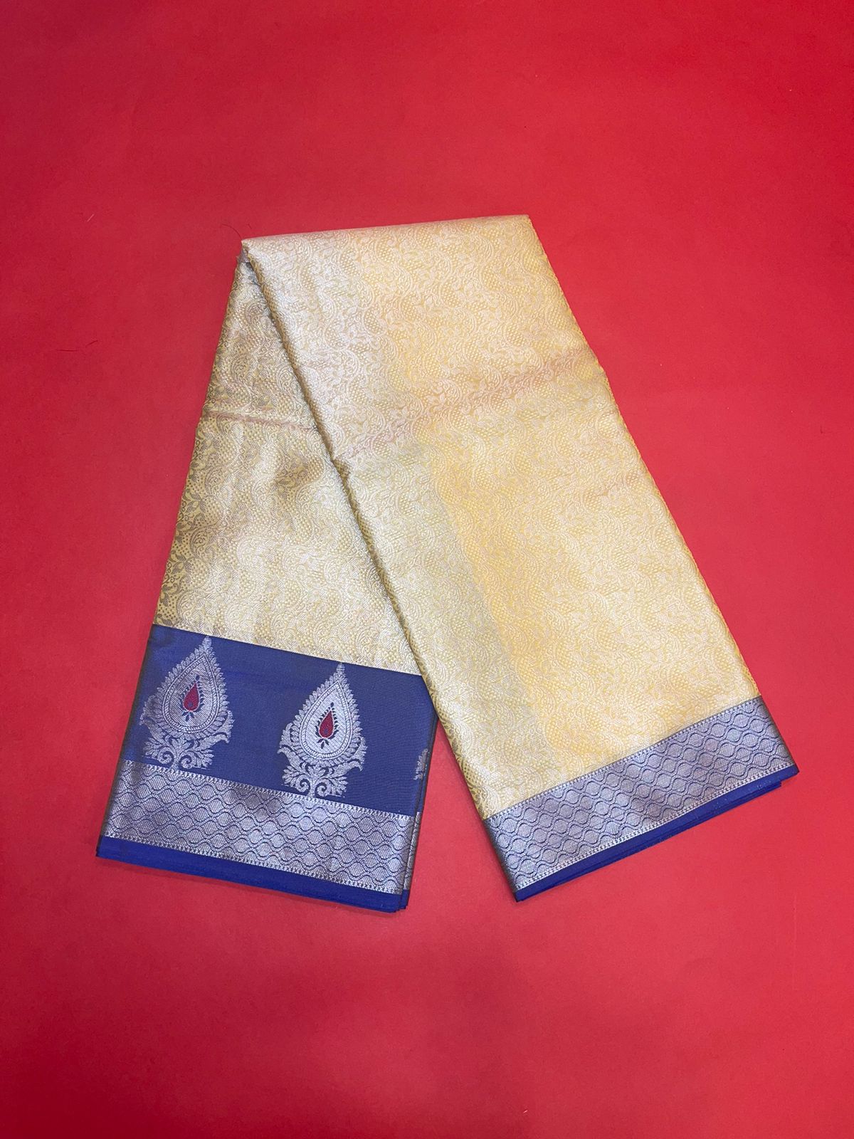 Faishana Presents Gold Silver Zari Kanchi Silk Tanchoi Brocade Contrast Blue Skirt Meena Border Banarasi Saree