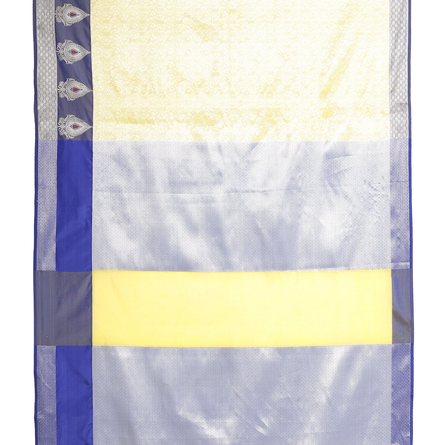 Faishana Presents Gold Silver Zari Kanchi Silk Tanchoi Brocade Contrast Blue Skirt Meena Border Banarasi Saree
