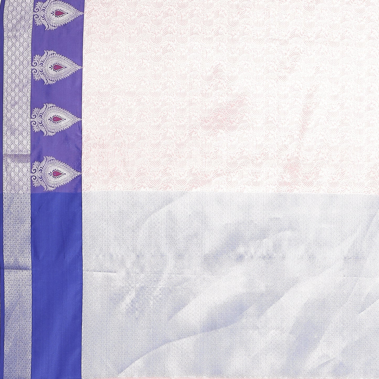 Faishana Presents Pink Silver Zari Kanchi Silk Tanchoi Brocade Contrast Blue Skirt Meena Border Banarasi Saree