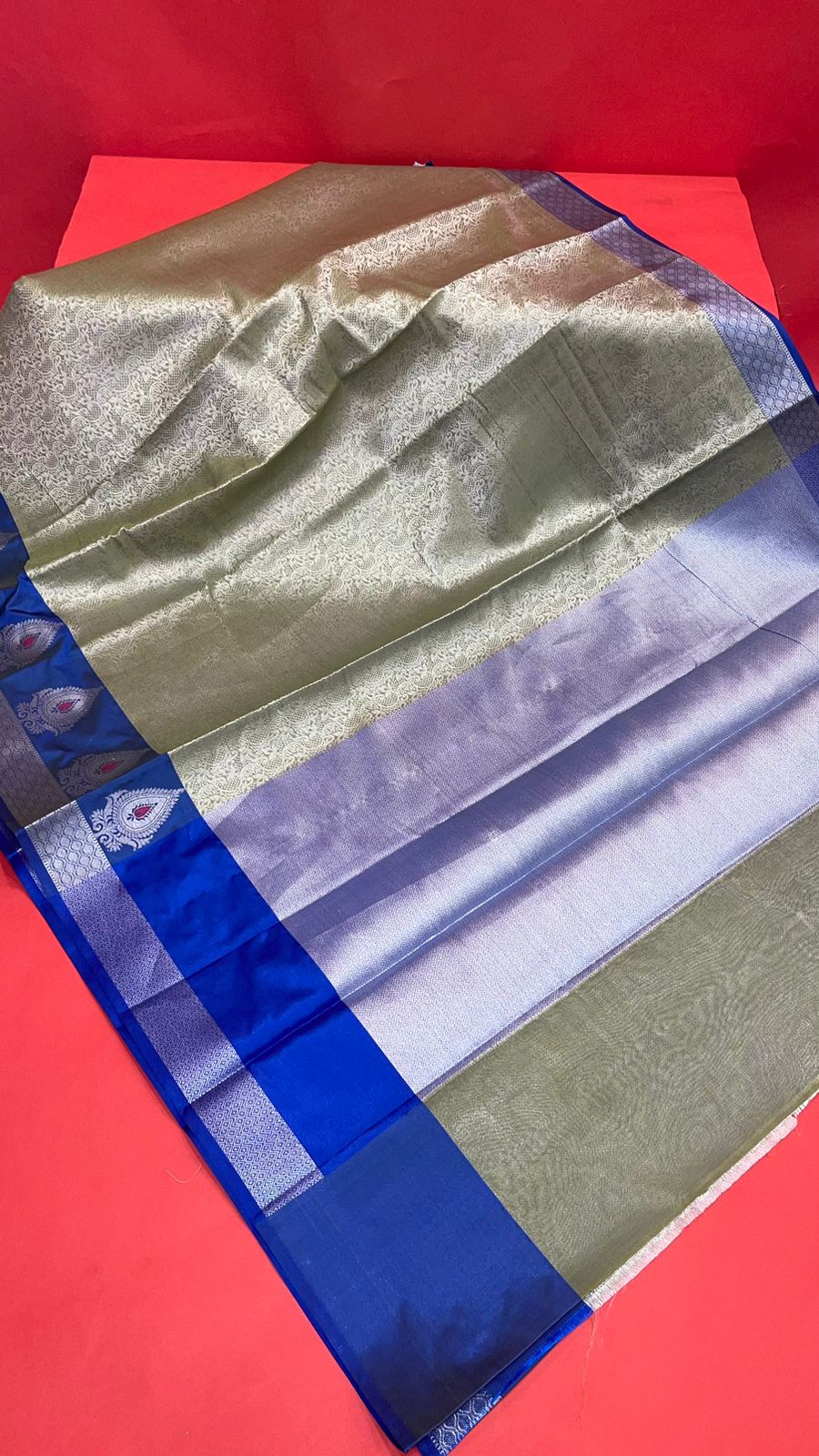 Faishana Presents Green Silver Zari Kanchi Silk Tanchoi Brocade Contrast Blue Skirt Meena Border Banarasi Saree