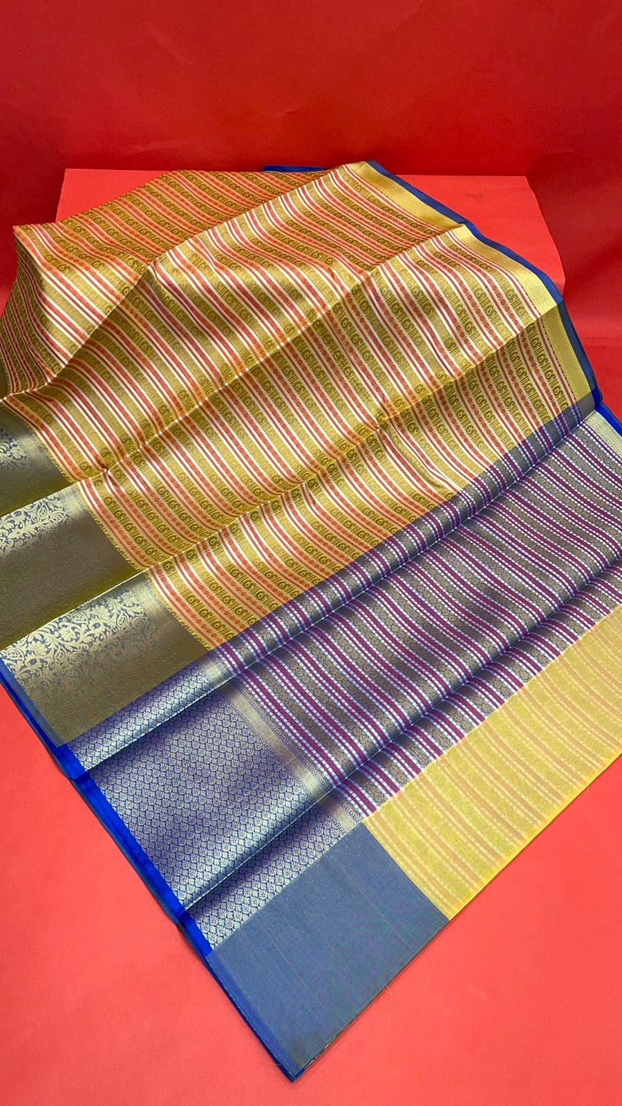 Faishana Presents Beige Zari Strip Kanchi Silk Tanchoi Brocade Contrast Blue Skirt Border Banarasi Saree