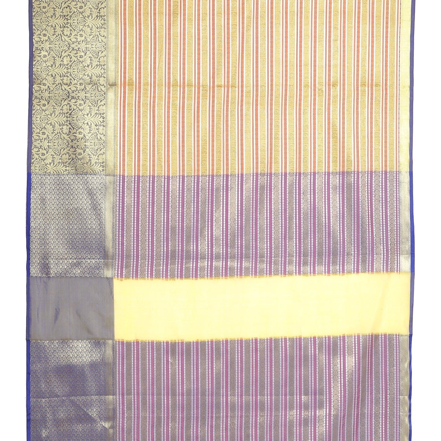 Faishana Presents Beige Zari Strip Kanchi Silk Tanchoi Brocade Contrast Blue Skirt Border Banarasi Saree