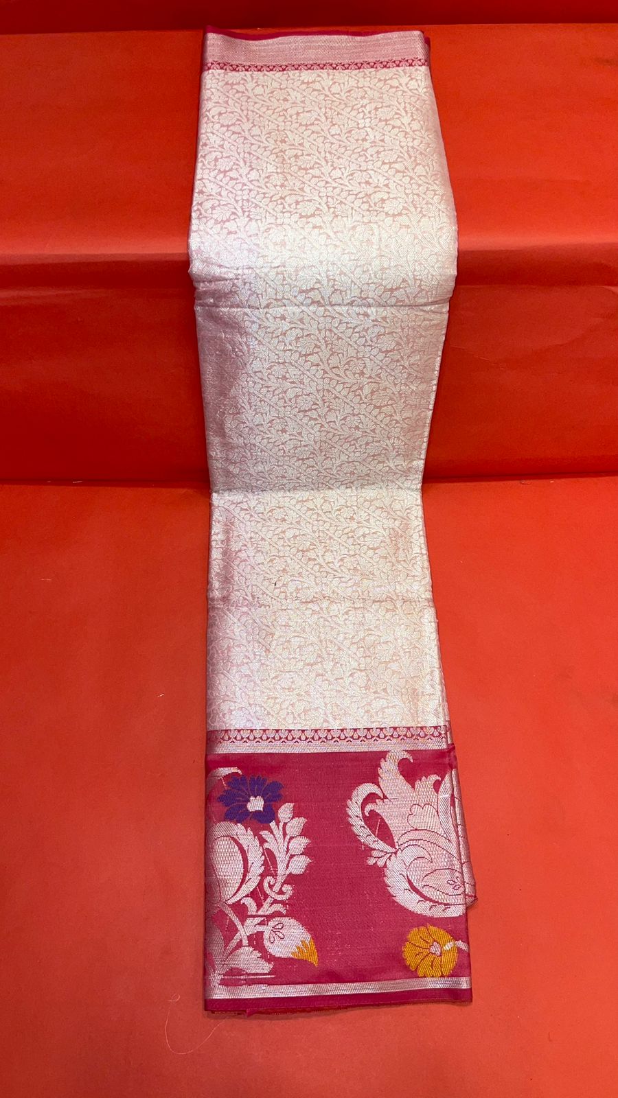 Faishana Presents Pink Silver Zari Kanchi Silk Tanchoi Brocade Contrast Pink Skirt Meena Border Banarasi Saree