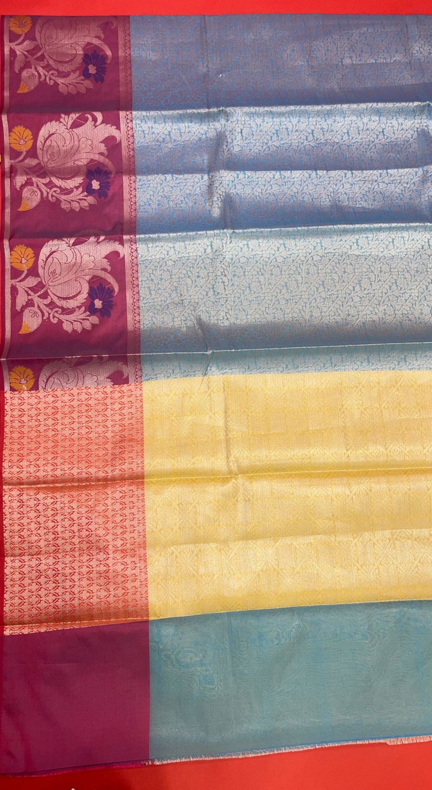 Faishana Presents Blue Silver Zari Kanchi Silk Tanchoi Brocade Contrast Pink Skirt Meena Border Banarasi Saree