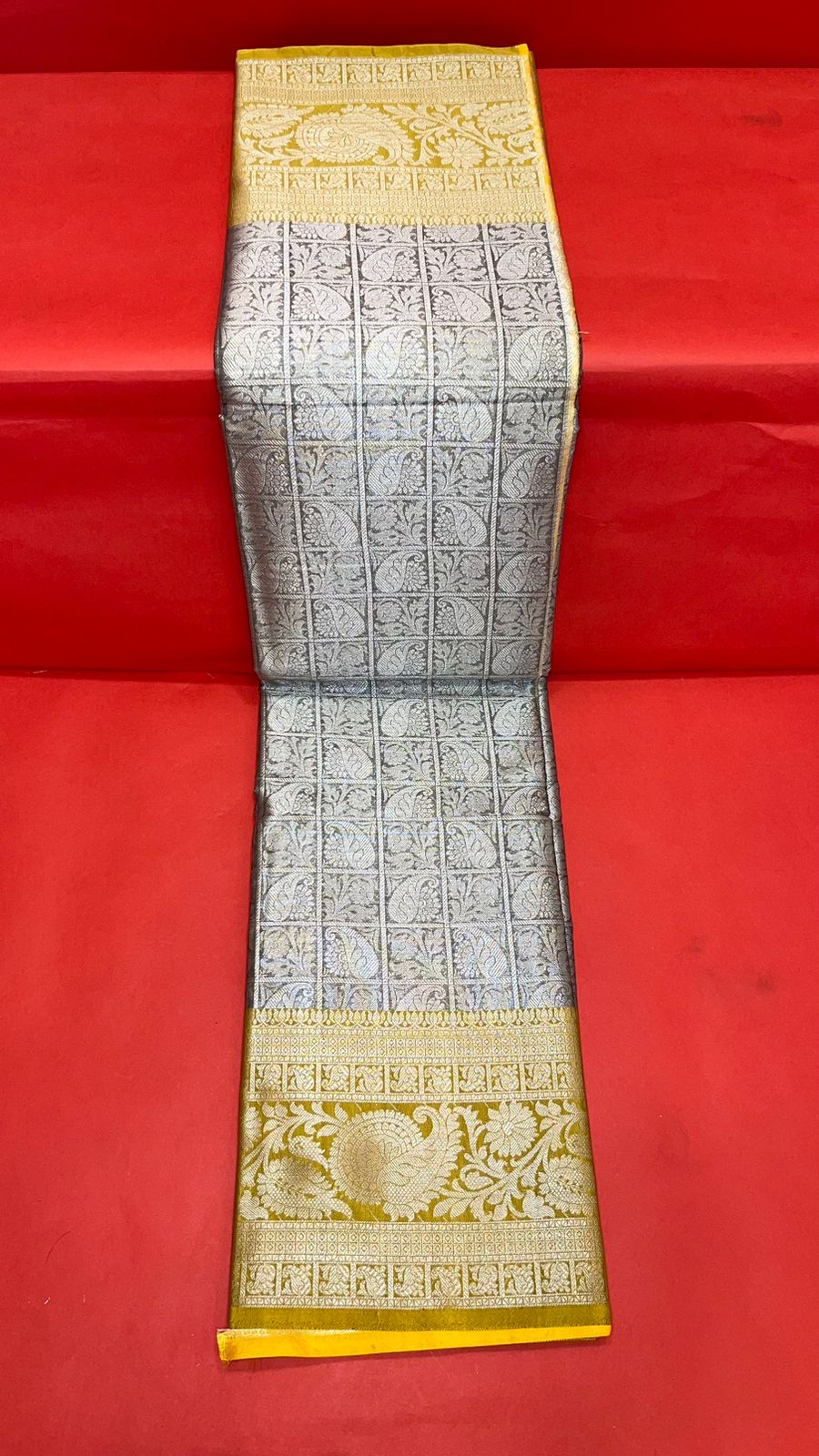 Faishana Presents Grey Silver Zari Kanchi Silk Tanchoi Brocade Contrast Gold Skirt Meena Border Banarasi Saree