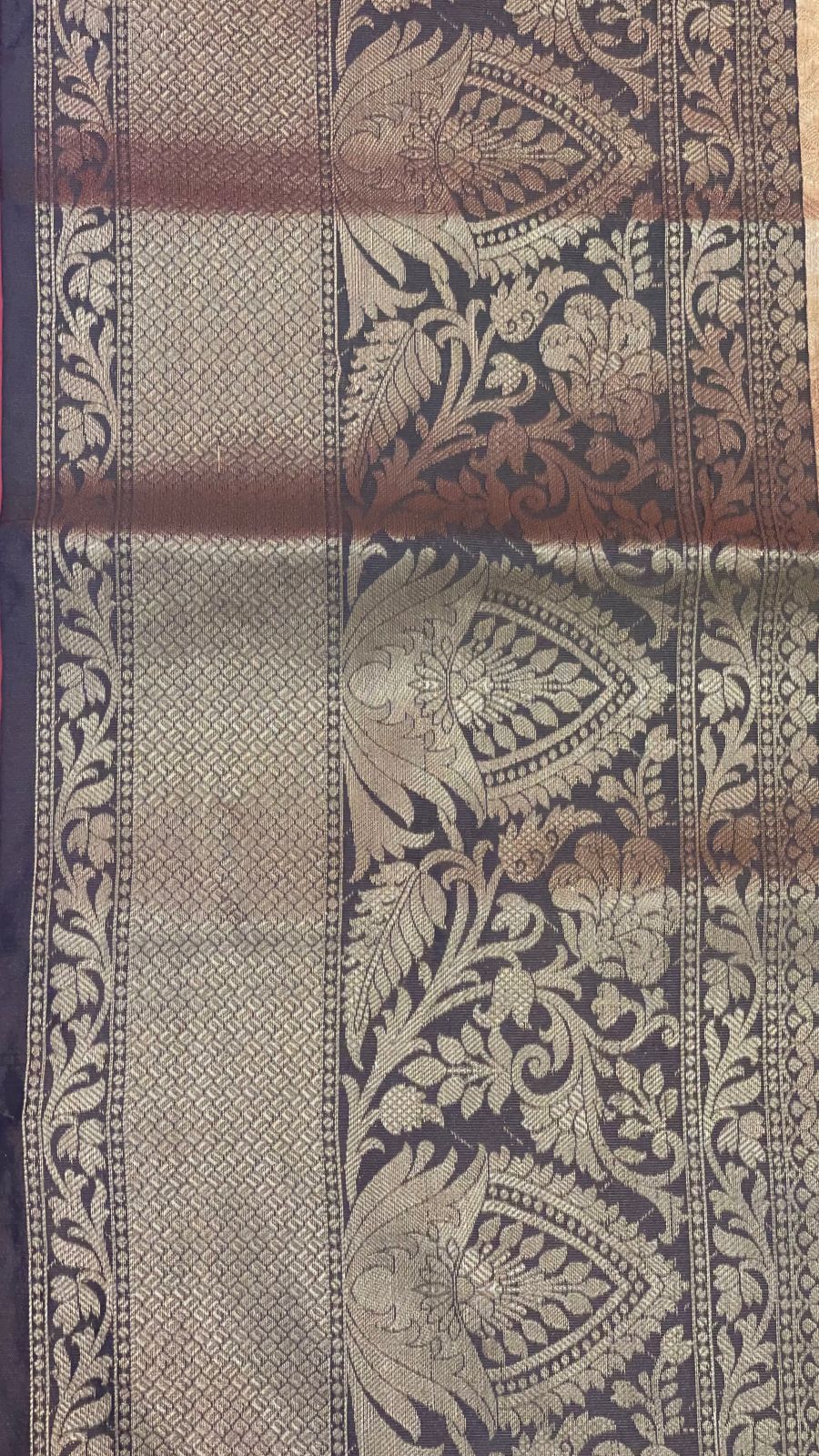 Faishana Presents Beige Silver Zari Kanchi Silk Tanchoi Brocade Contrast Black Skirt Meena Border Banarasi Saree