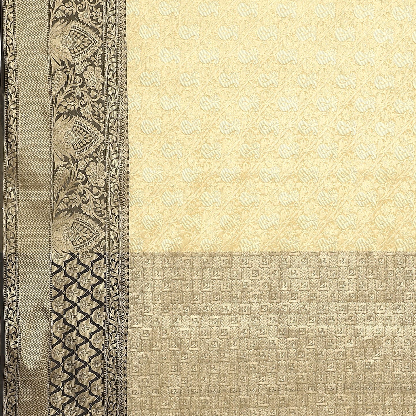 Faishana Presents Beige Silver Zari Kanchi Silk Tanchoi Brocade Contrast Black Skirt Meena Border Banarasi Saree