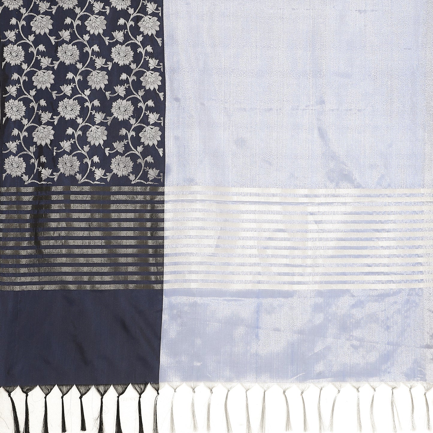 Faishana Presents Lavender Silver Zari Glass Tissue Tanchoi Contrast Large Border Banarasi Saree