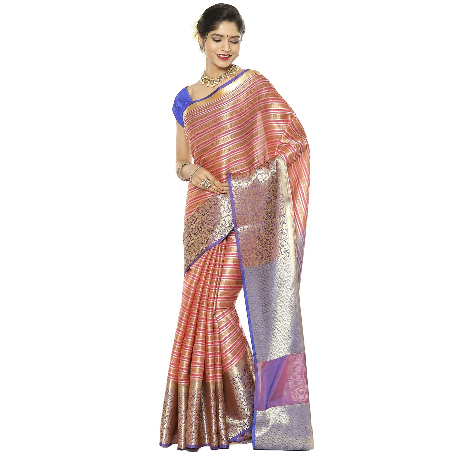 Faishana Presents Red Zari Strip Kanchi Silk Tanchoi Brocade Contrast Purple Skirt Border Banarasi Saree