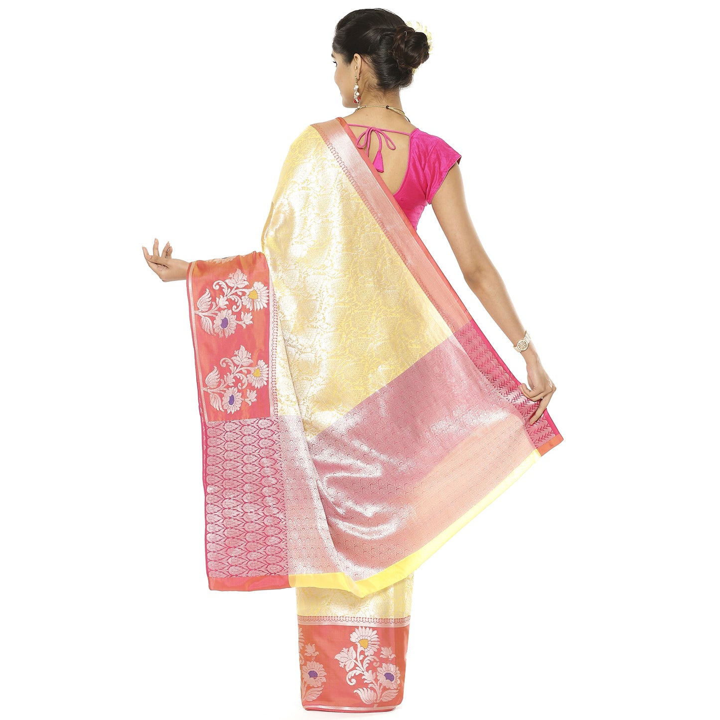 Faishana Presents Yellow Silver Zari Kanchi Silk Tanchoi Brocade Contrast Peach Skirt Meena Border Banarasi Saree