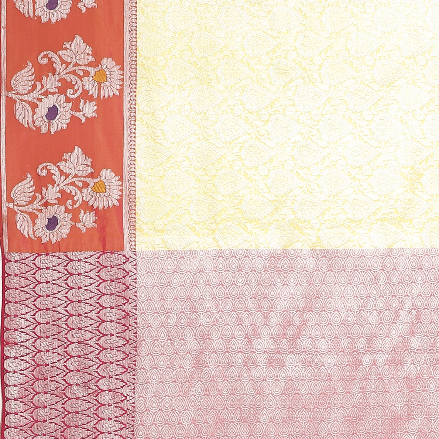 Faishana Presents Yellow Silver Zari Kanchi Silk Tanchoi Brocade Contrast Peach Skirt Meena Border Banarasi Saree