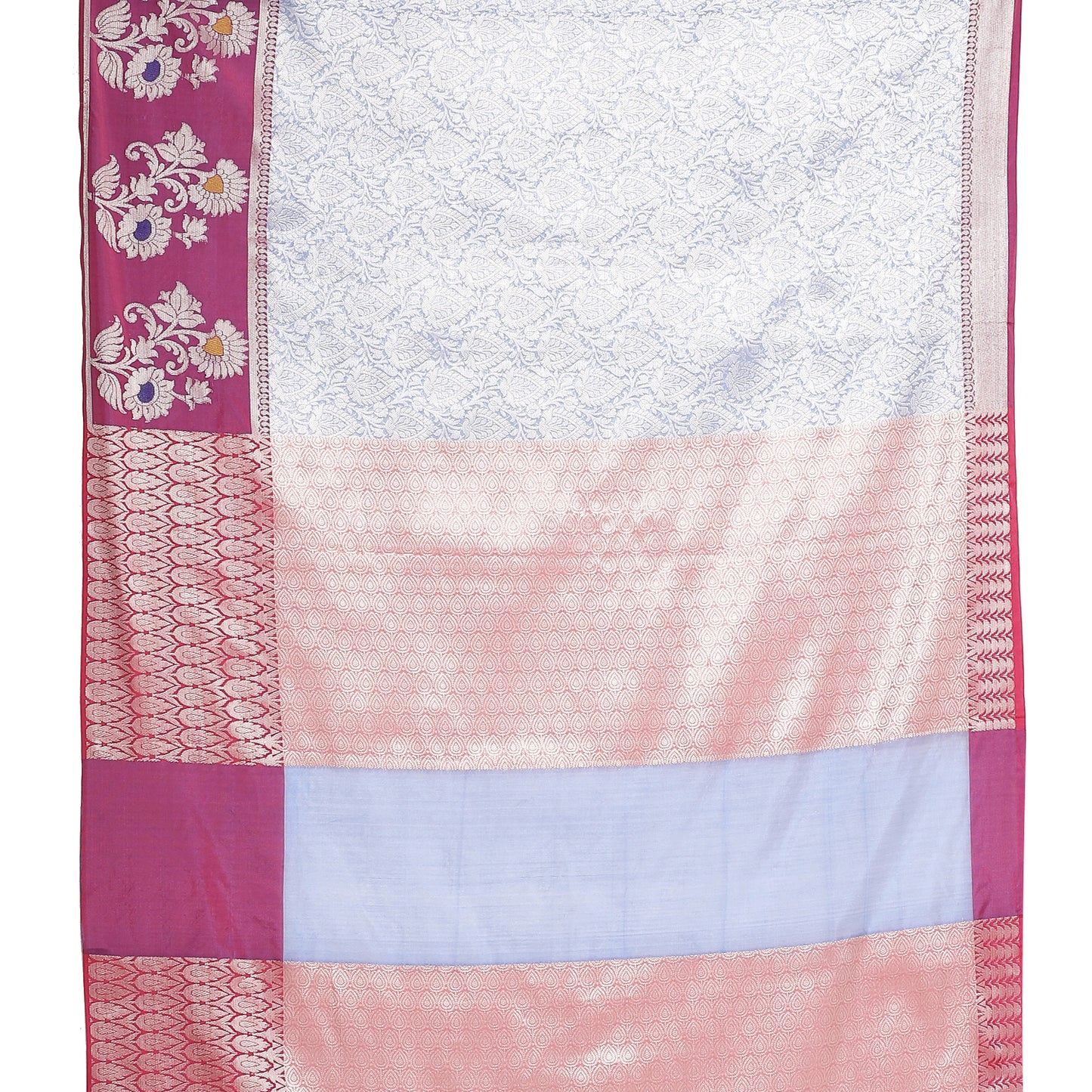 Faishana Presents Blue Silver Zari Kanchi Silk Tanchoi Brocade Contrast Magenta Skirt Meena Border Banarasi Saree