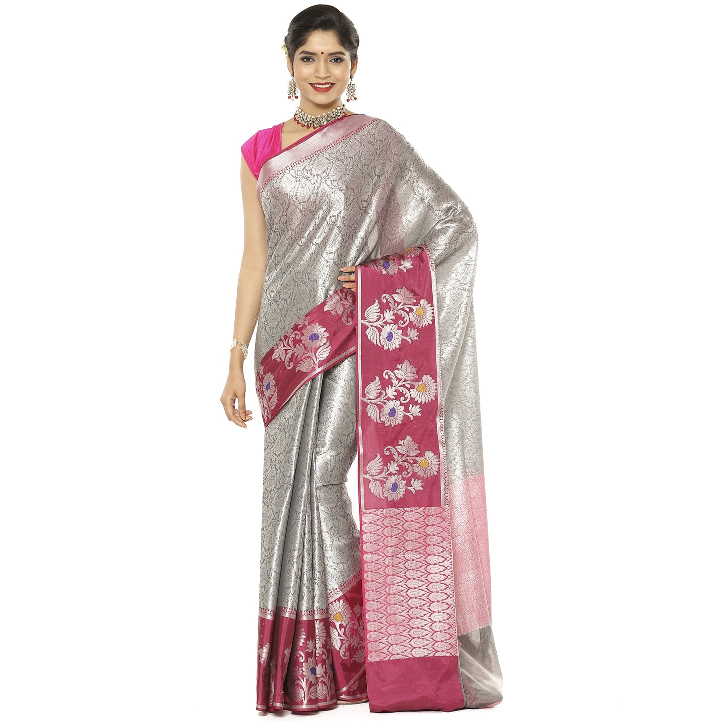 Faishana Presents Grey Silver Zari Kanchi Silk Tanchoi Brocade Contrast Pink Skirt Meena Border Banarasi Saree